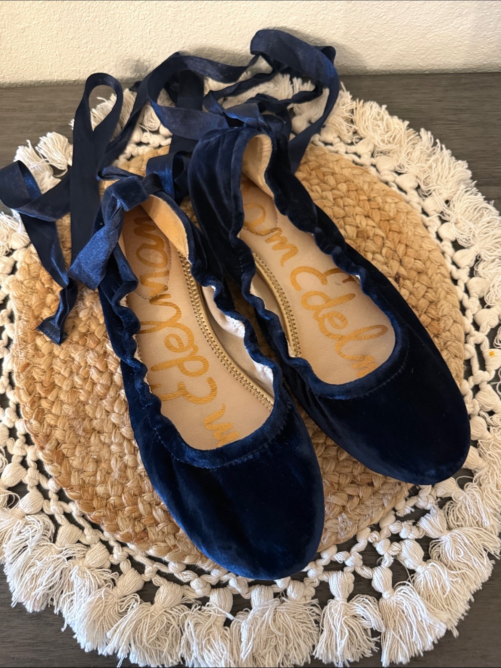 Sam Edelman Navy Blue Velvet Ankle Tie Ballet Flats Size 10 - Picture 3 of 14